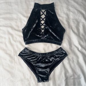 ♥️ NWOT Velvet Velour Bathing Suit Swimsuit Halter Bikini Gymnastics Pole Gray